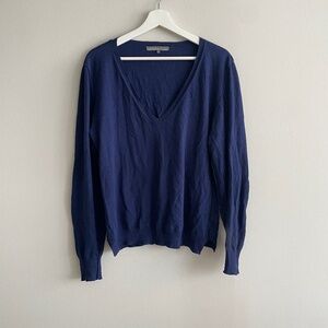 27 Miles Malibu Navy V-Neck Sweater cashmere wool cotton genuine leather M